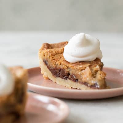 A slice of chocolate chip cookie pie