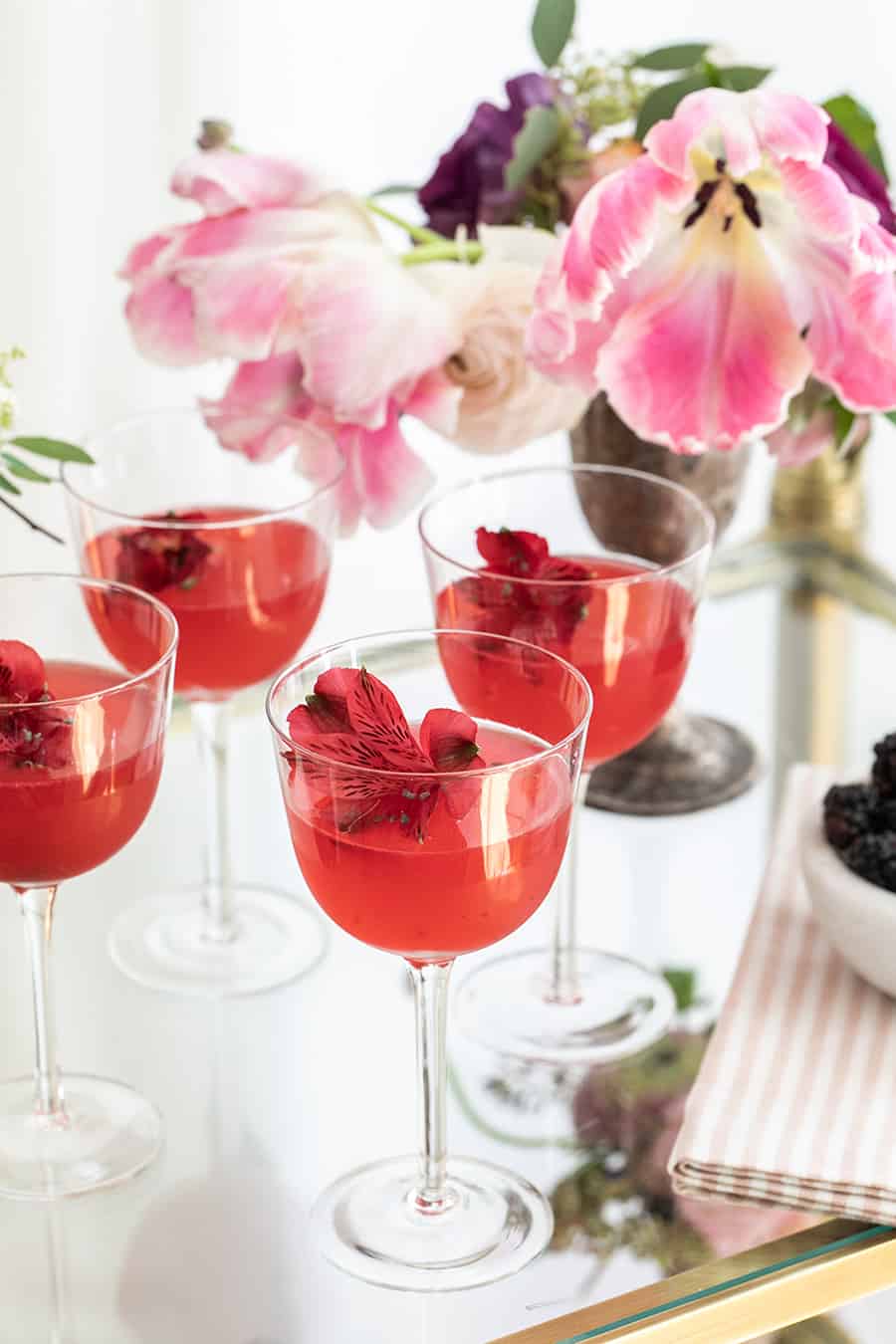 Pink cocktails on a Gin and Flower Bar