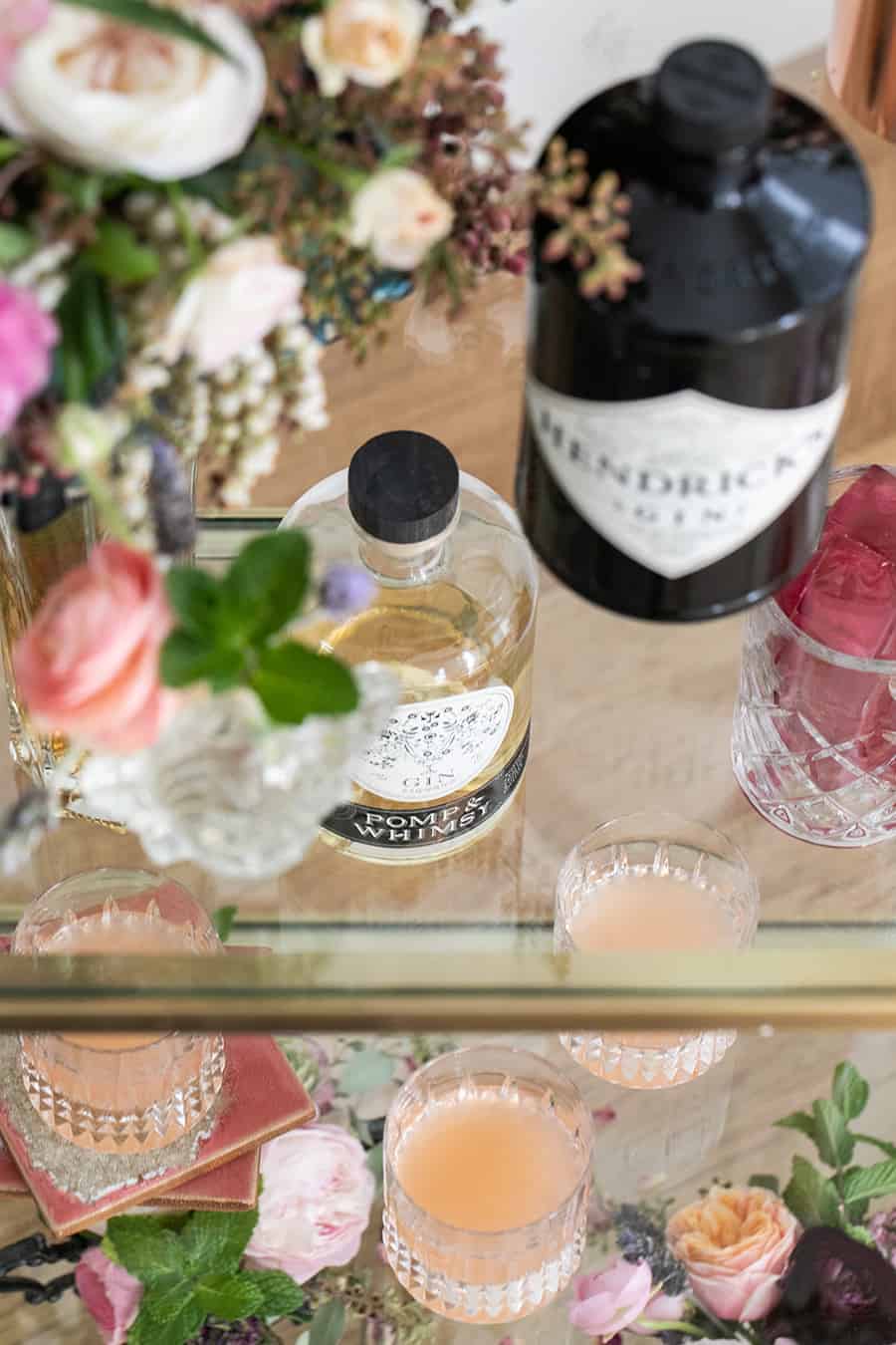 Gin on a gold bar for a Gin and Flower Bar