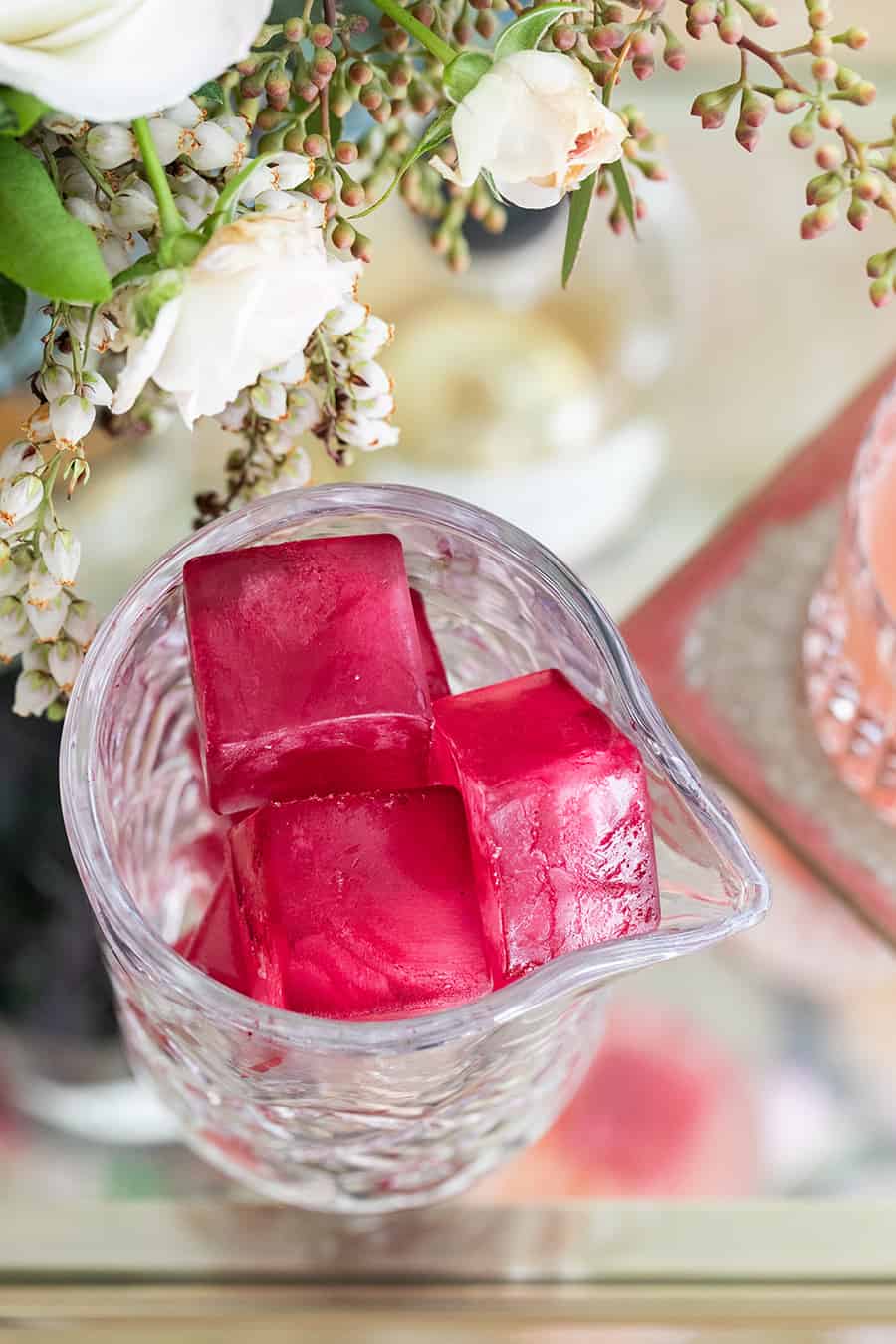 Naturally dyed pink ice cubes.