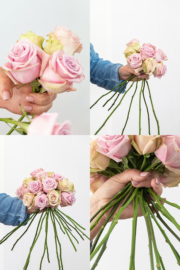 collage of how to make one of the rose arrangements - European hand tie