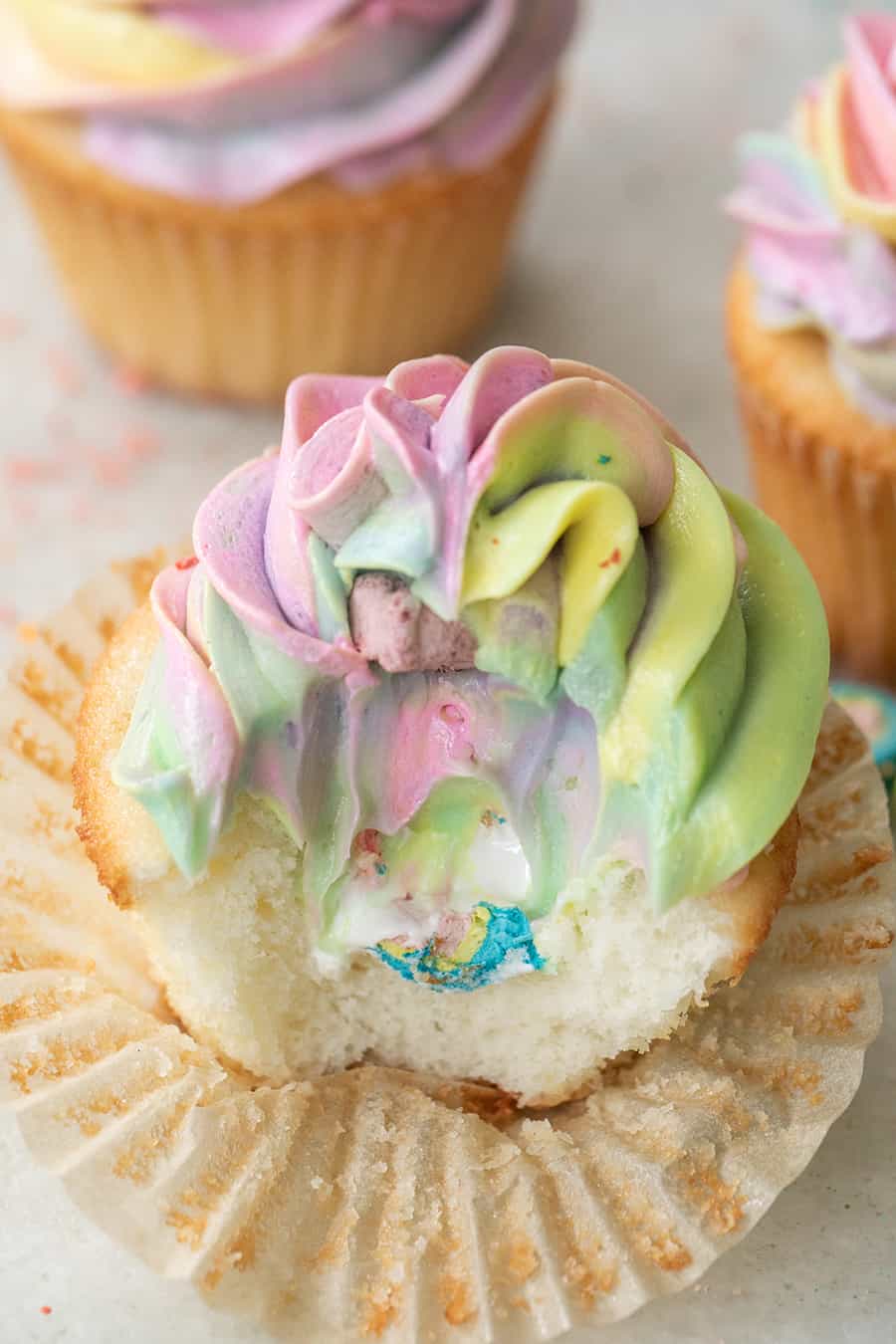 Lucky Charms cupcakes with marshmallow center