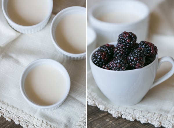 top down of panna cotta and some blackberries in a cup 