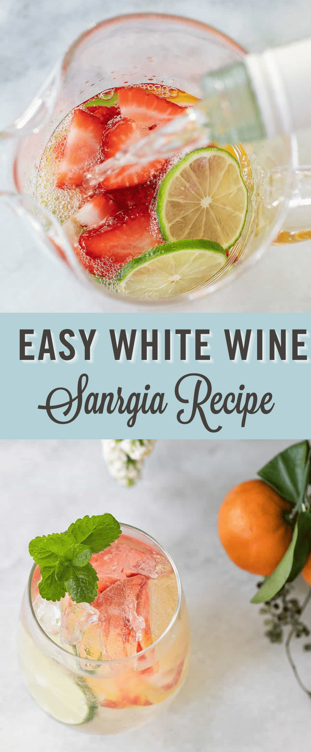 Easy white wine sangria made with apple vodka, strawberries, peaches, apples, and sparkling water.
