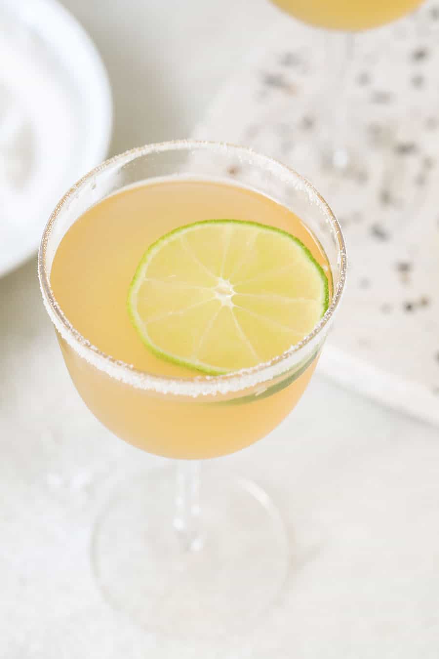 Sugared rim cocktail in a coupe glass.