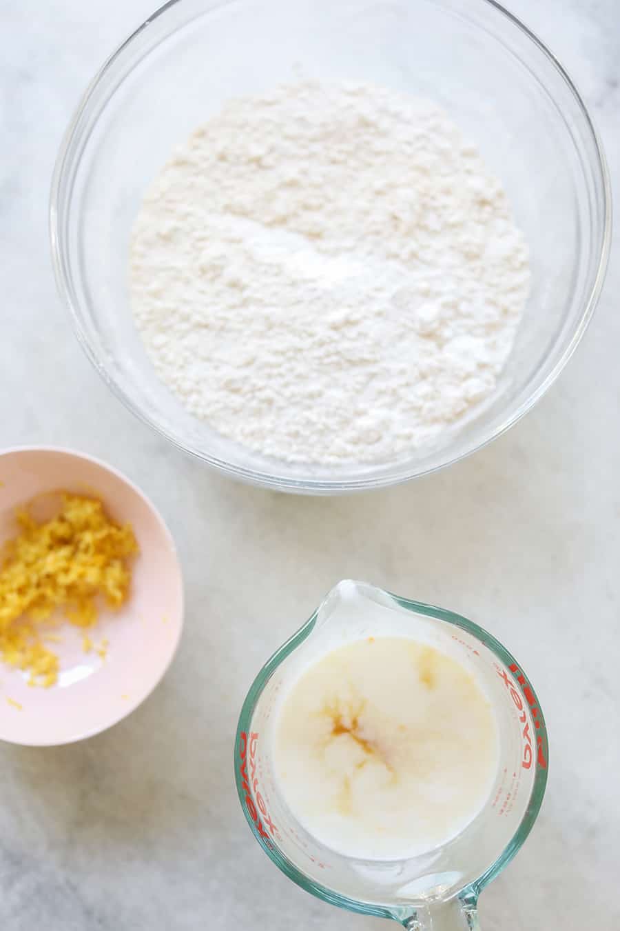 flour,  zest and buttermilk in measuring cups