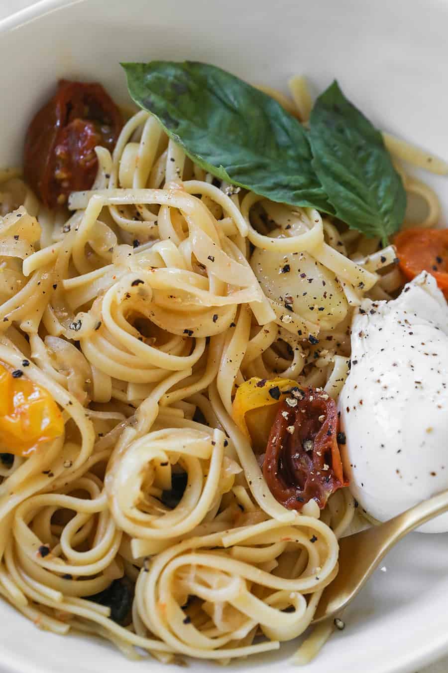 One Pan Basil and Tomato Pasta close-up of noodles.  - tomato basil pasta