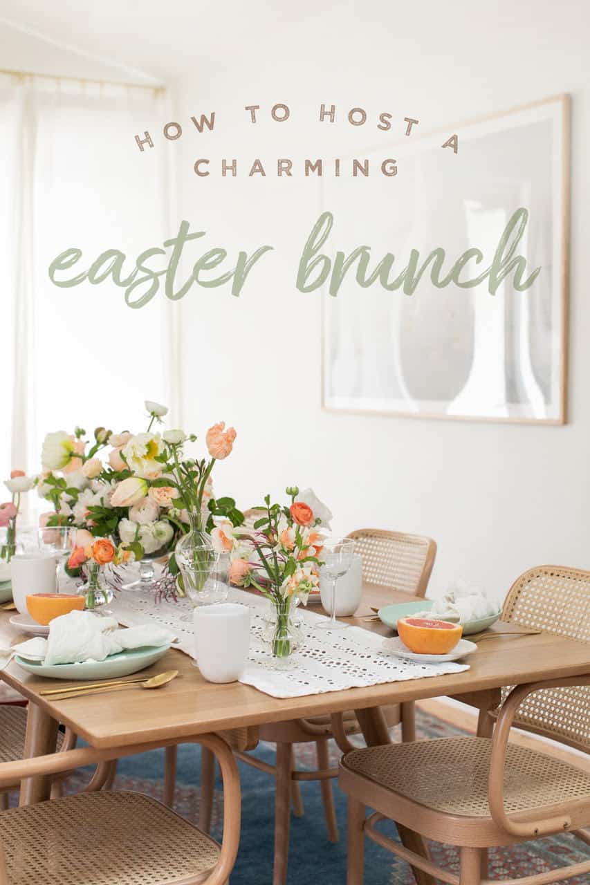 Table setting for Easter with a How to Host an Easter Brunch graphic over the photo. 