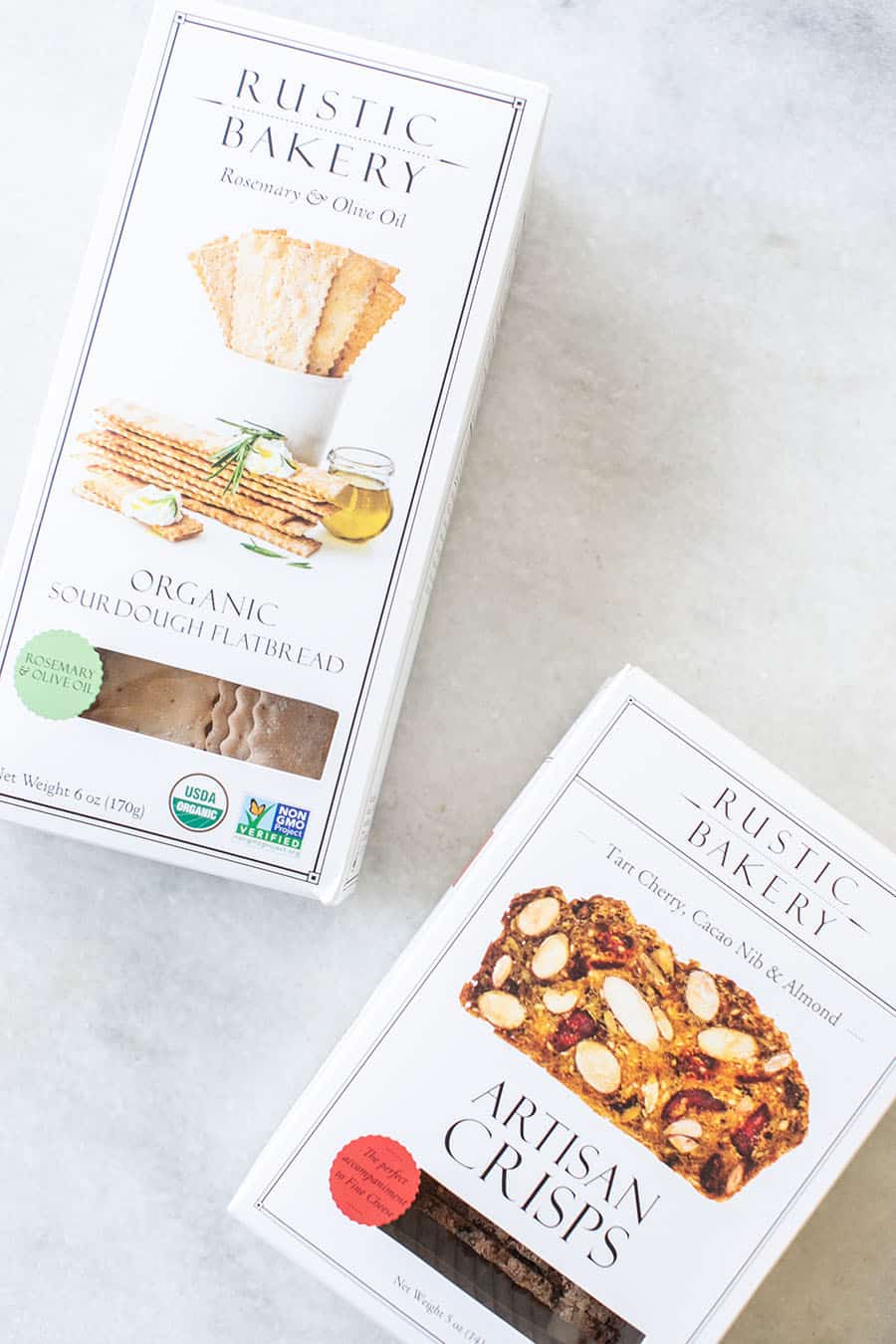 Rustic Bakery cracker box on a marble table. 