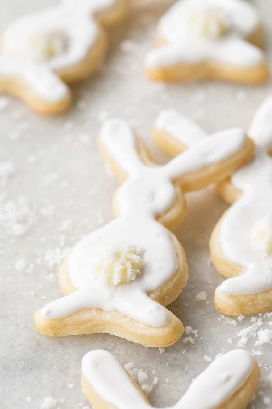 Bunny sugar cookies with a buttercream tail and royal icing.