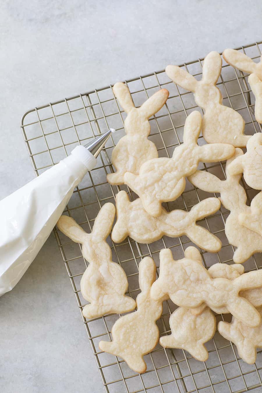 Unfrosted sugar cookies with a piping bag filled with royal icing.