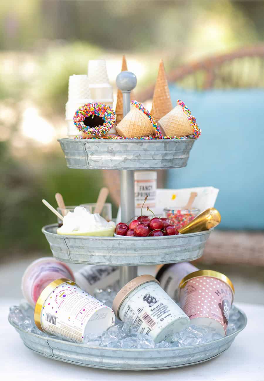 Tiered Galvanized Tray with ice cream cones, sprinkles, ice cream and cherries