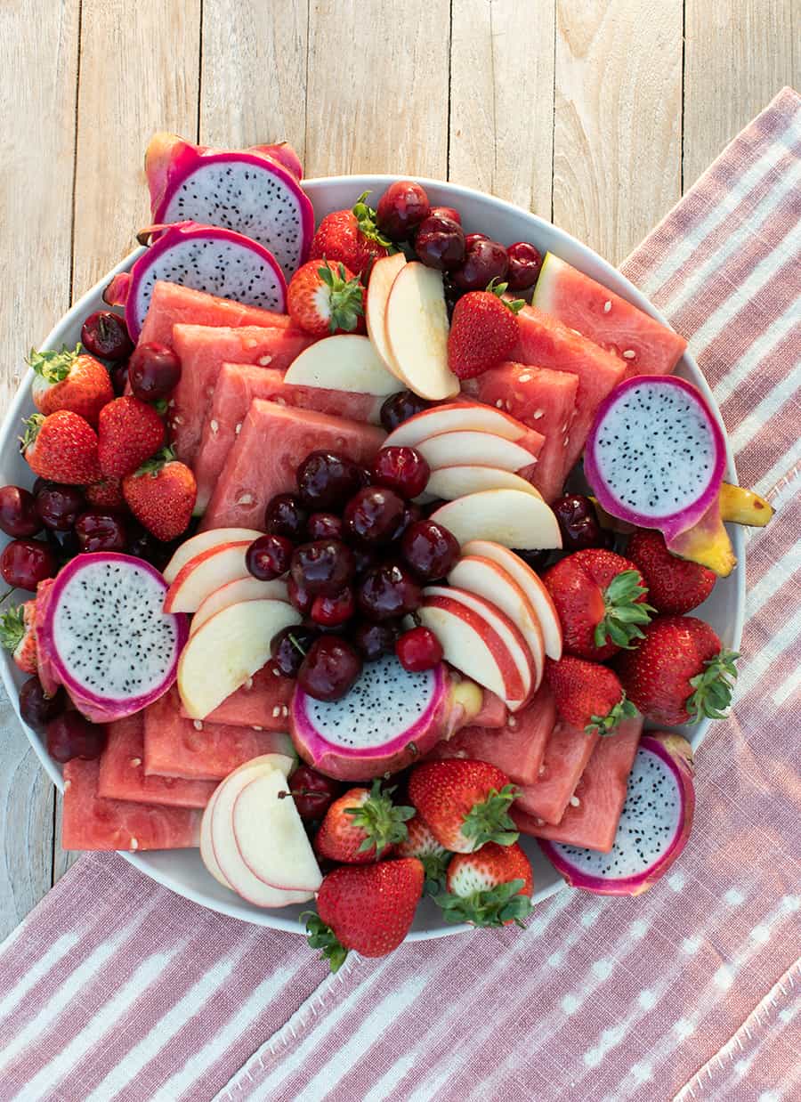 Fruit platter with all red and white fruit for the 4th of July
