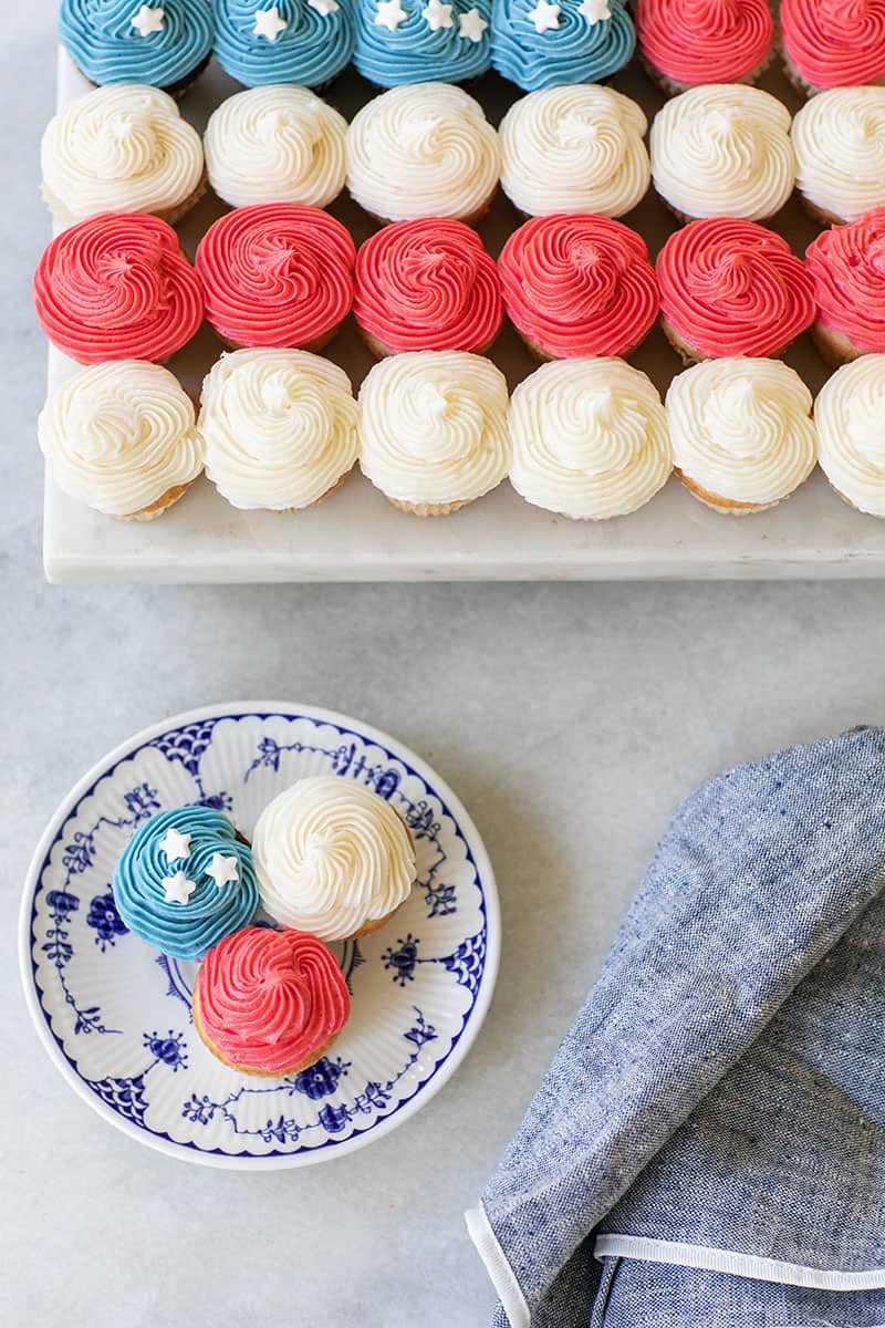 Red, white and blue cupcakes to make a flag cupcake cake. 