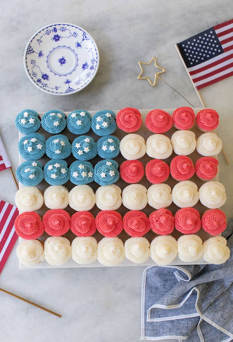 4th of July cake made with mini red, white and blue cupcakes.