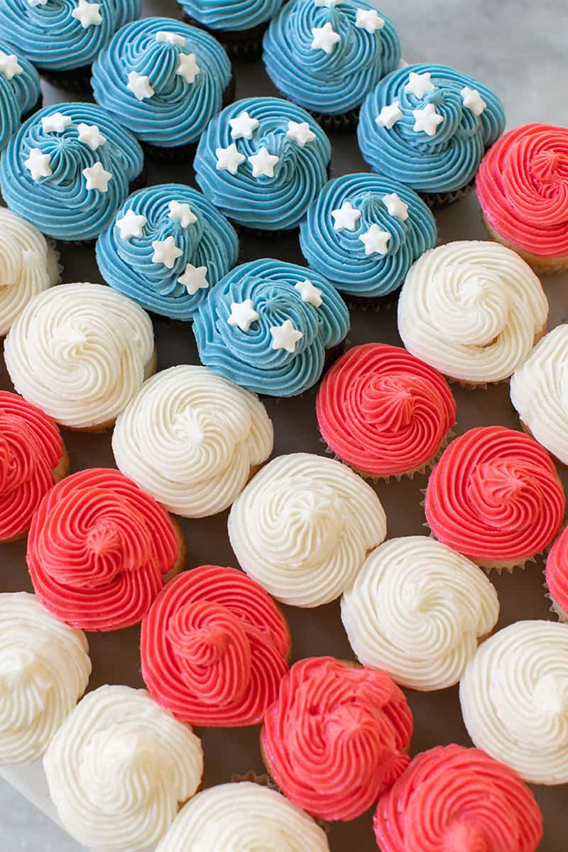 4th of July Cupcake Cake with blue and red frosting and white star sprinkles