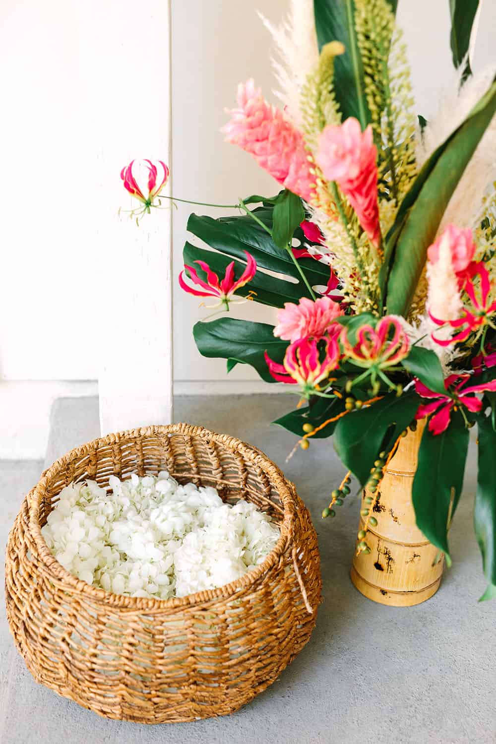 Fresh leis and tropical flowers for a tropical themed party.