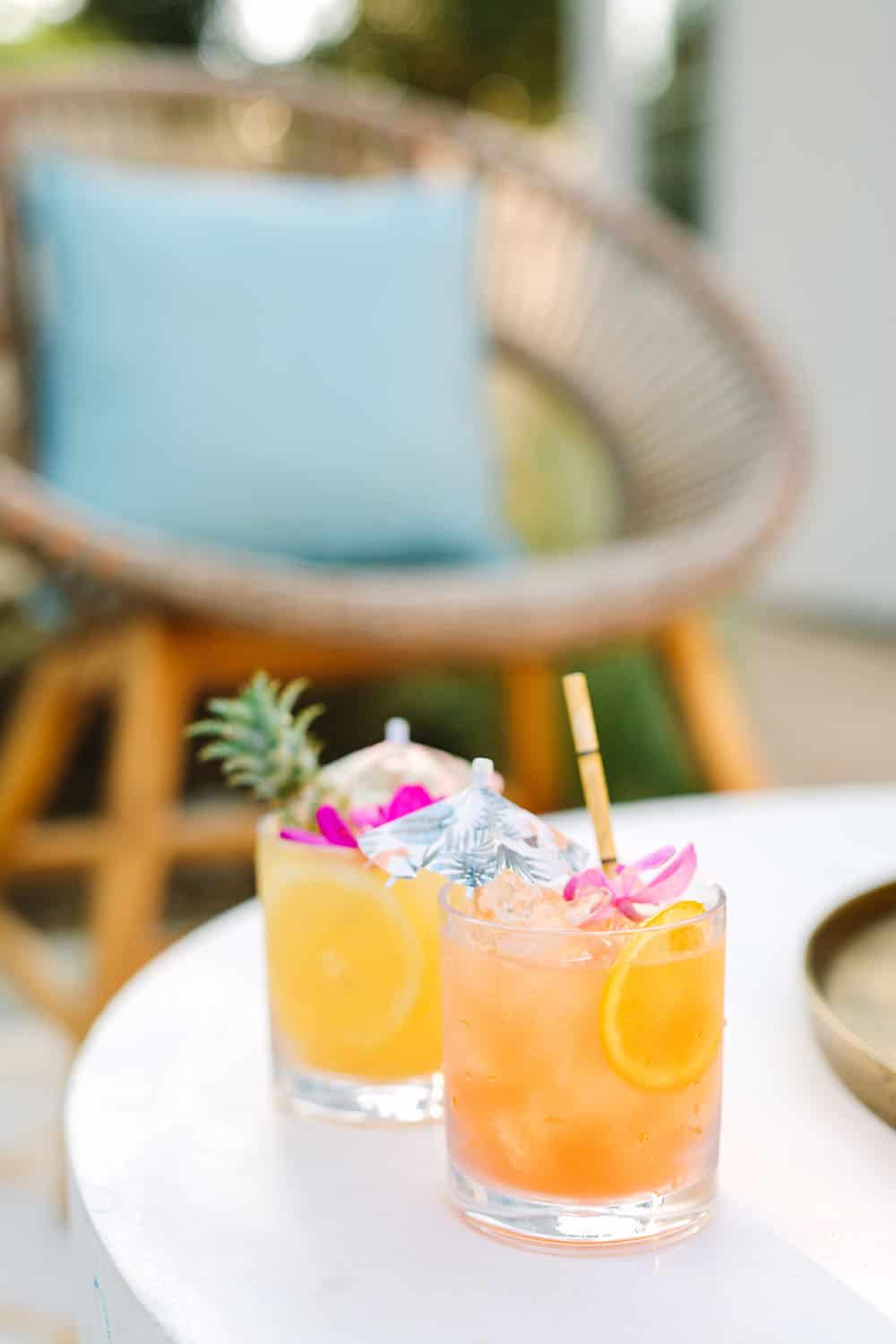 Tropical cocktails from Williams Sonoma for a tropical outdoor backyard party.