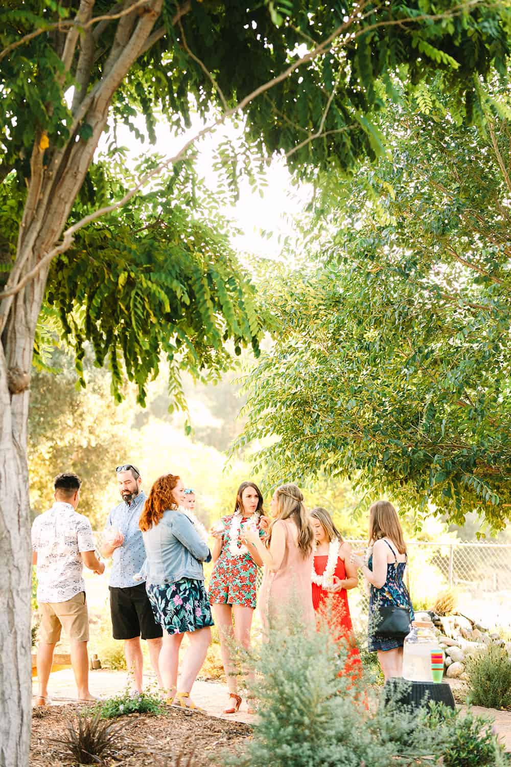 Guests at a backyard, tropical summer party. 