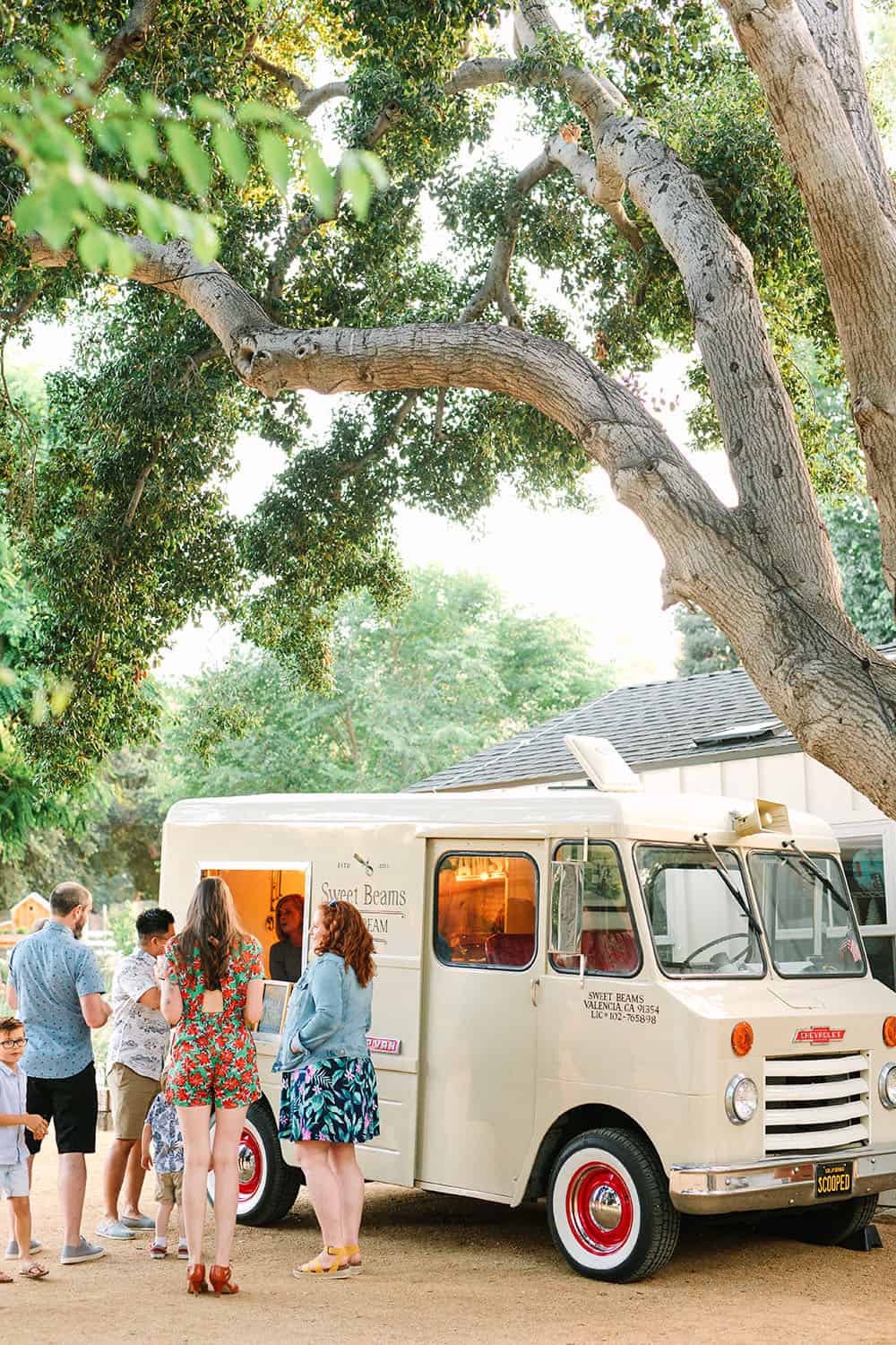 Ice cream truck and party guests.