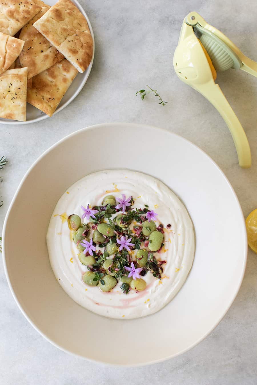 Tahini yogurt dip with lima beans.