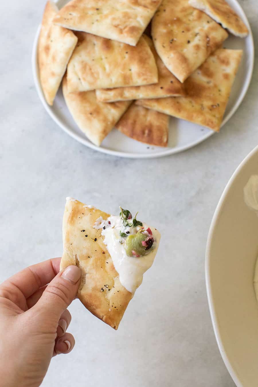 The best tahini yogurt dip on warm pita 