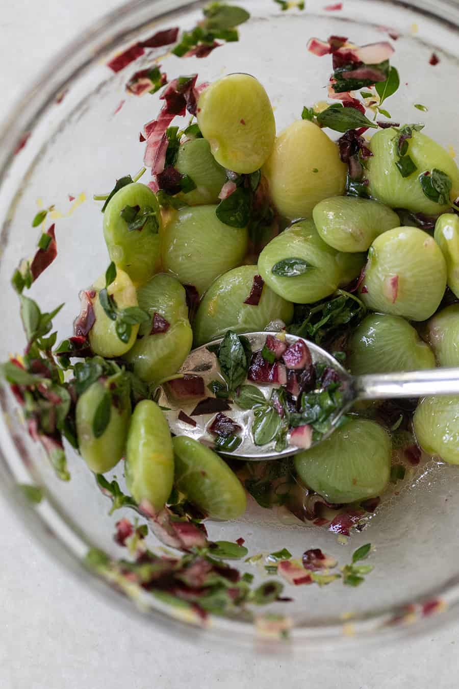 Lima bean topping with onions and oil.