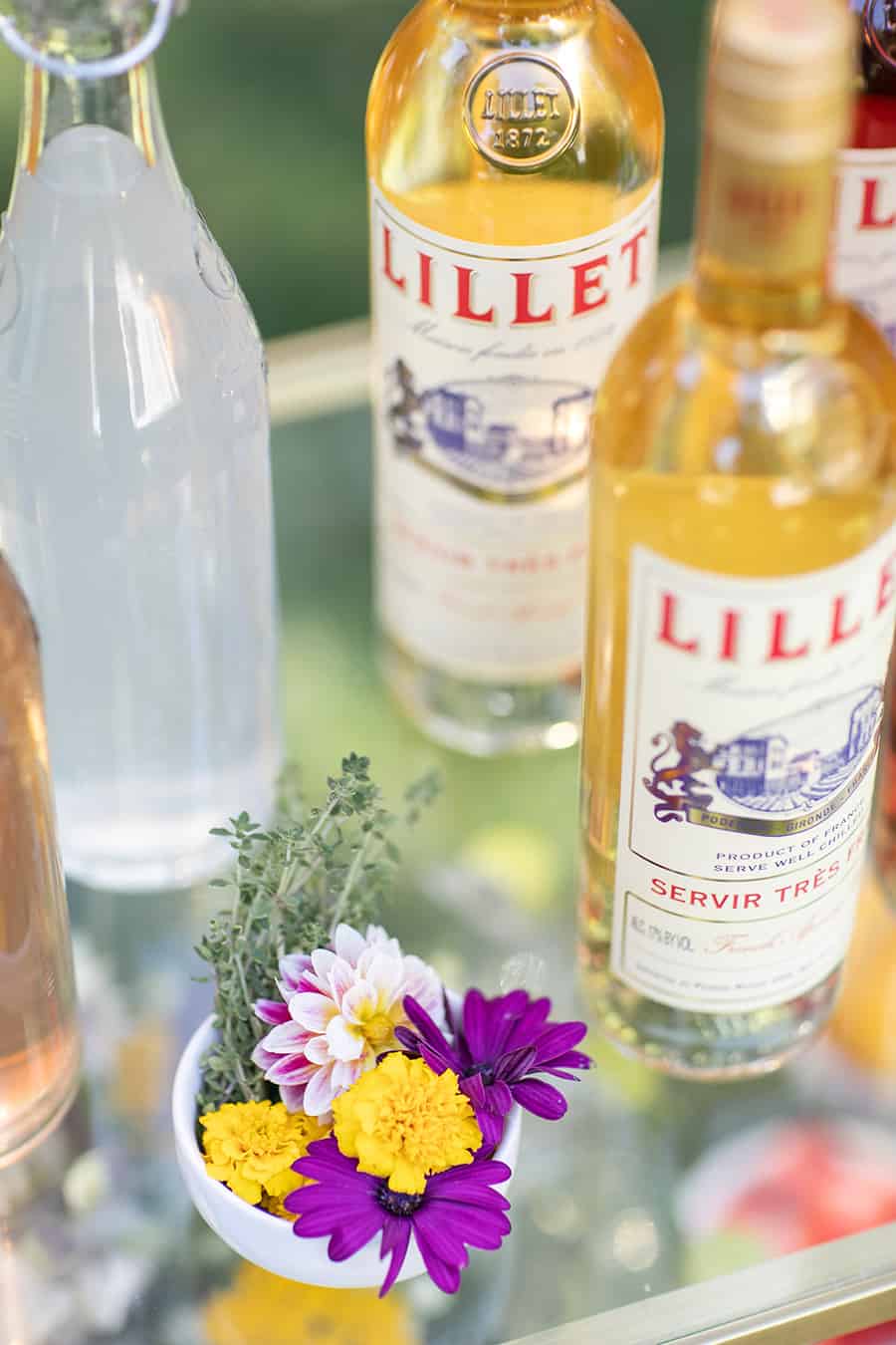 Lillet on bar cart with flowers