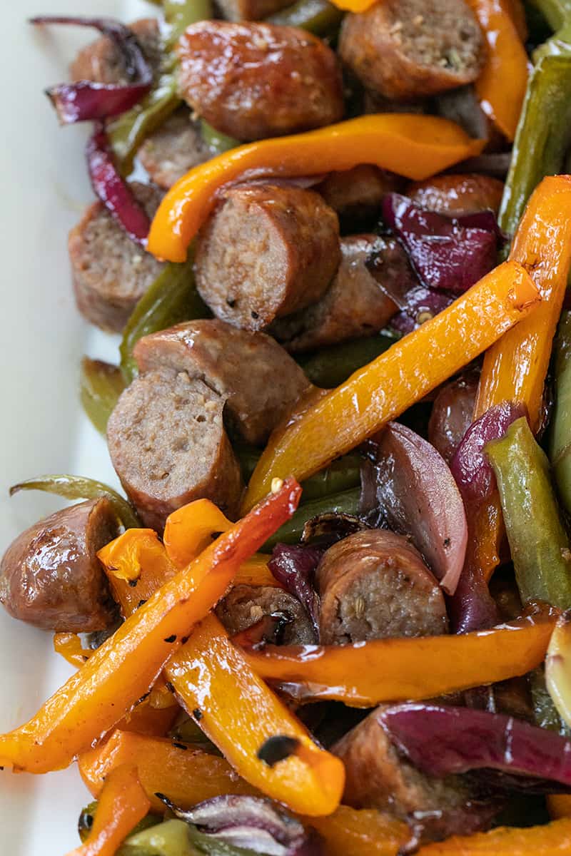 Sausage and Peppers cooked, served on a platter.