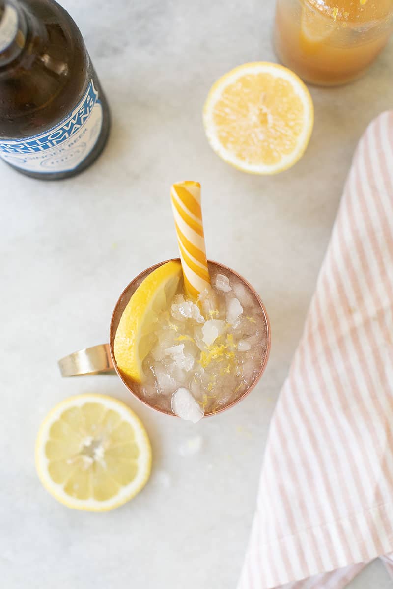 Overhead of a lemon mule with lemon zest.