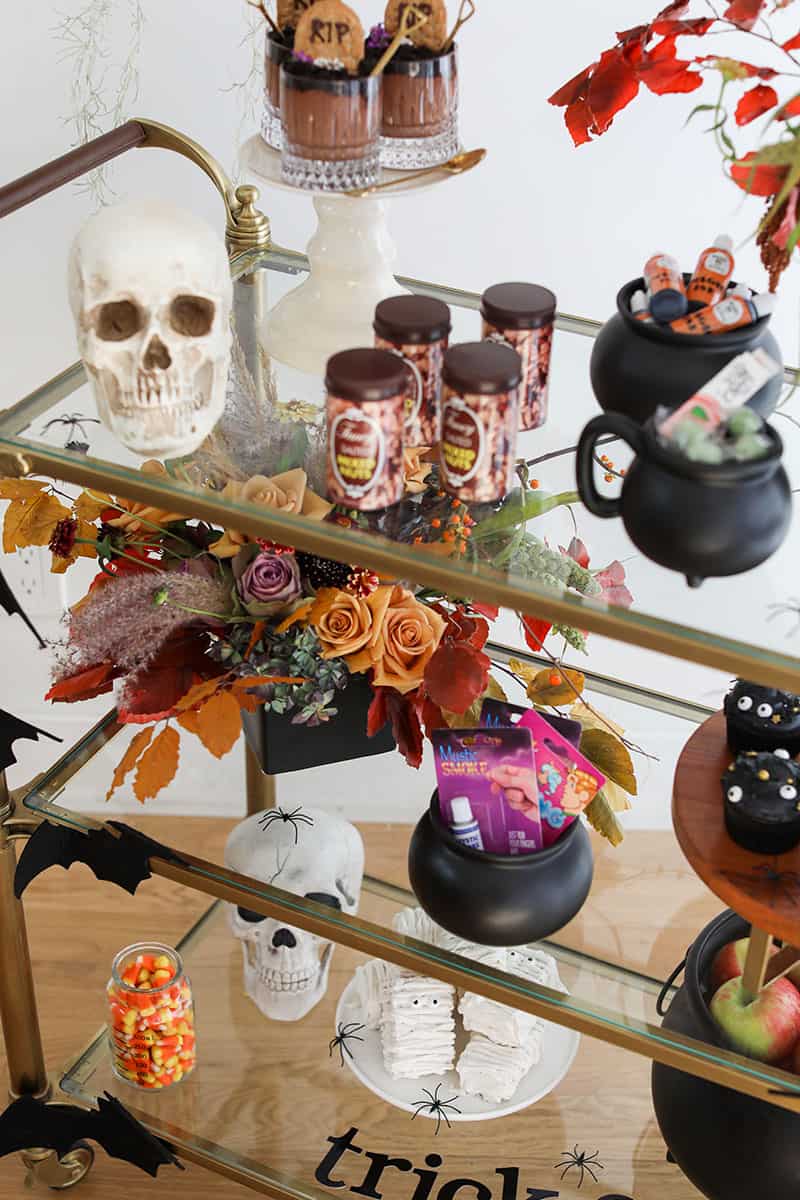 Halloween party bar with fake peanuts, chocolate puddings, flowers and a skeleton