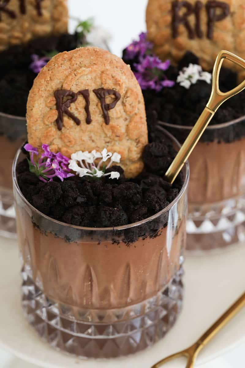 RIP dirt cups with gold shovel spoon. 