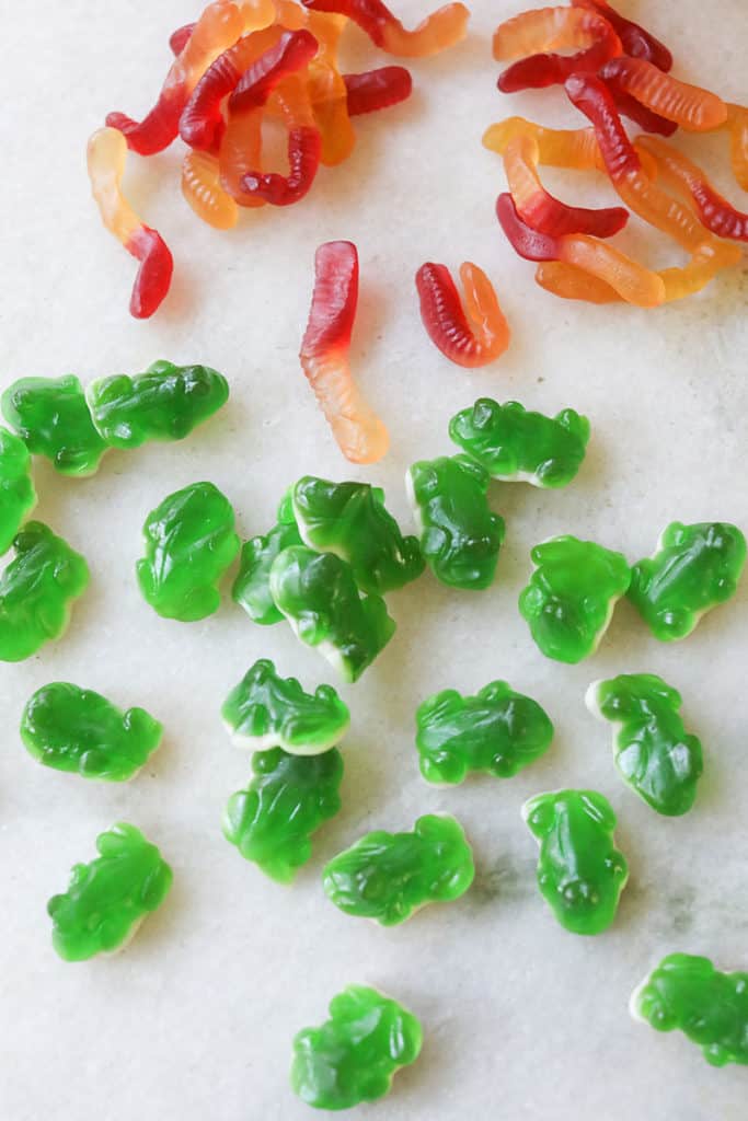 Gummy candy garnishes for a Halloween punch.