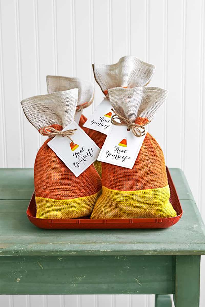 Halloween candy corn treat bags with a cute printable tag for a Halloween party idea