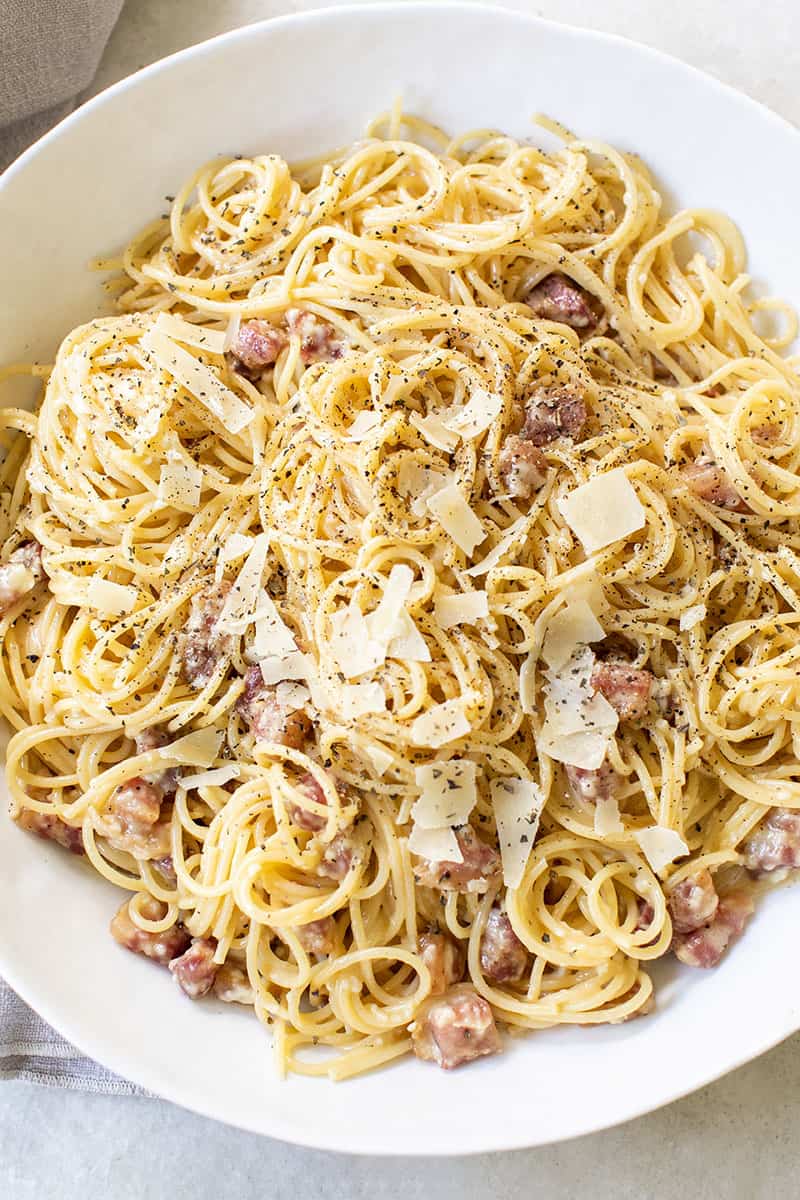 Large bowl of spaghetti carbonara.