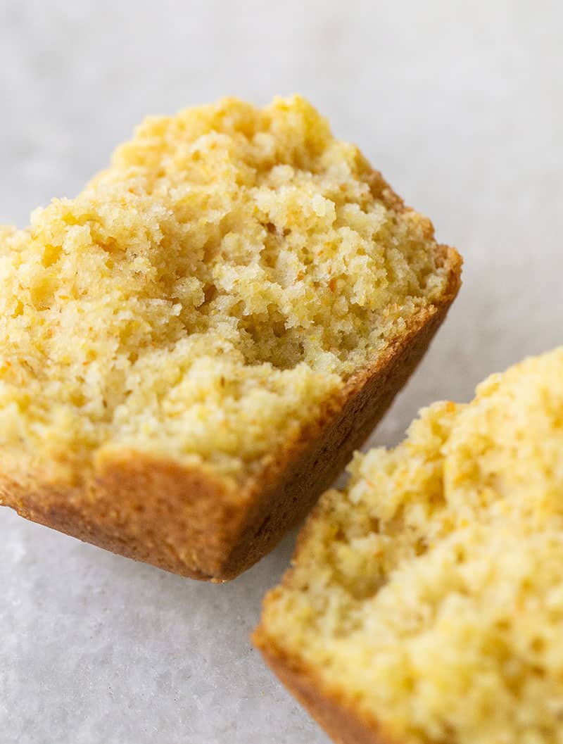 Cornbread muffin cut in half. 