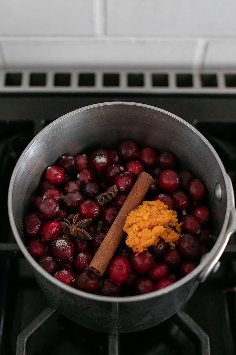 Cranberries, orange zest, cinnamon stick in a pot.