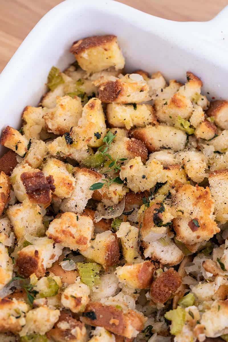 Easy homemade stuffing with fresh thyme, onions, butter and herbs. 