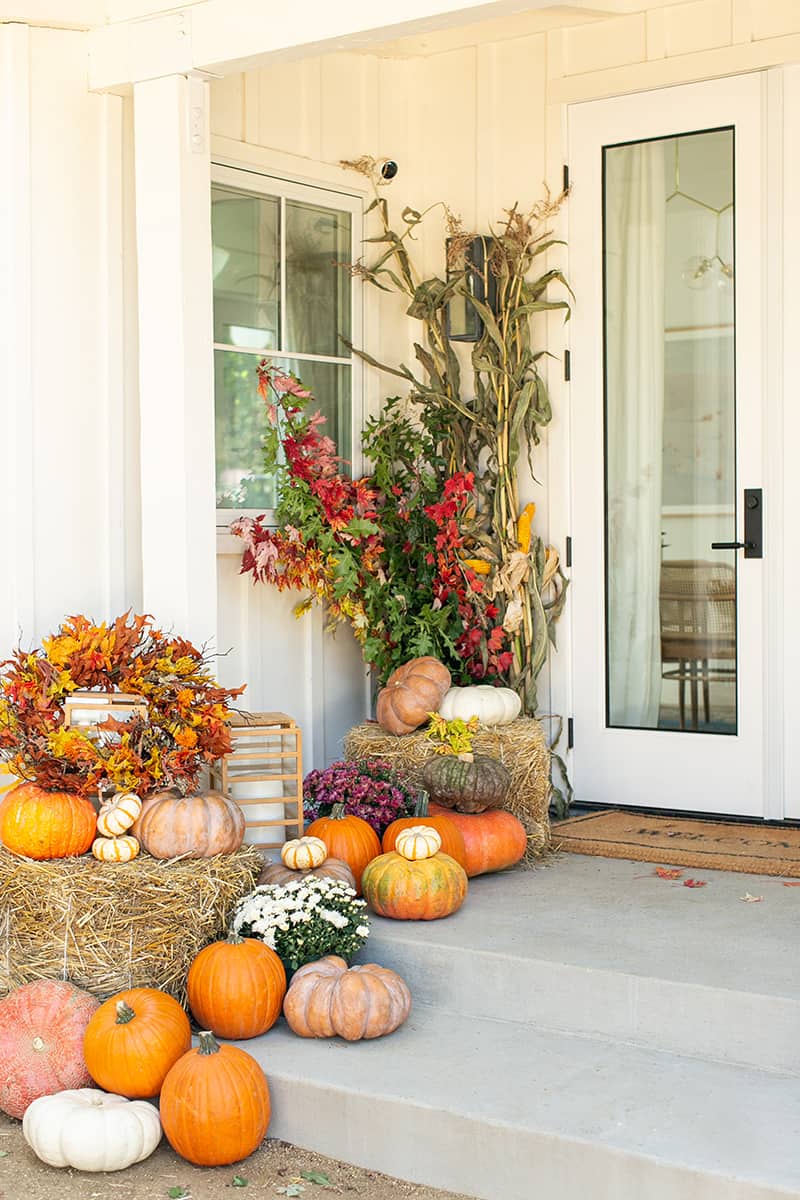 Tall corn stalks, pumpkins and hay bales on a decorated fall porch. - hay bales