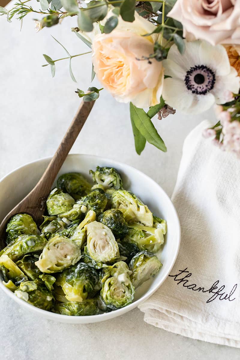 Sauteed Brussels Sprouts in a bowl for Thanksgiving