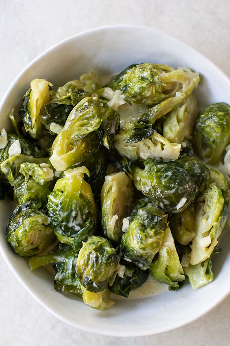 Bowl of Brussels Sprouts with cream, garlic and butter.
