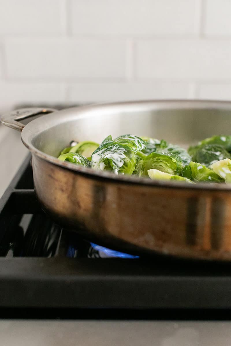 Brussels Sprouts cooking in a pan. 