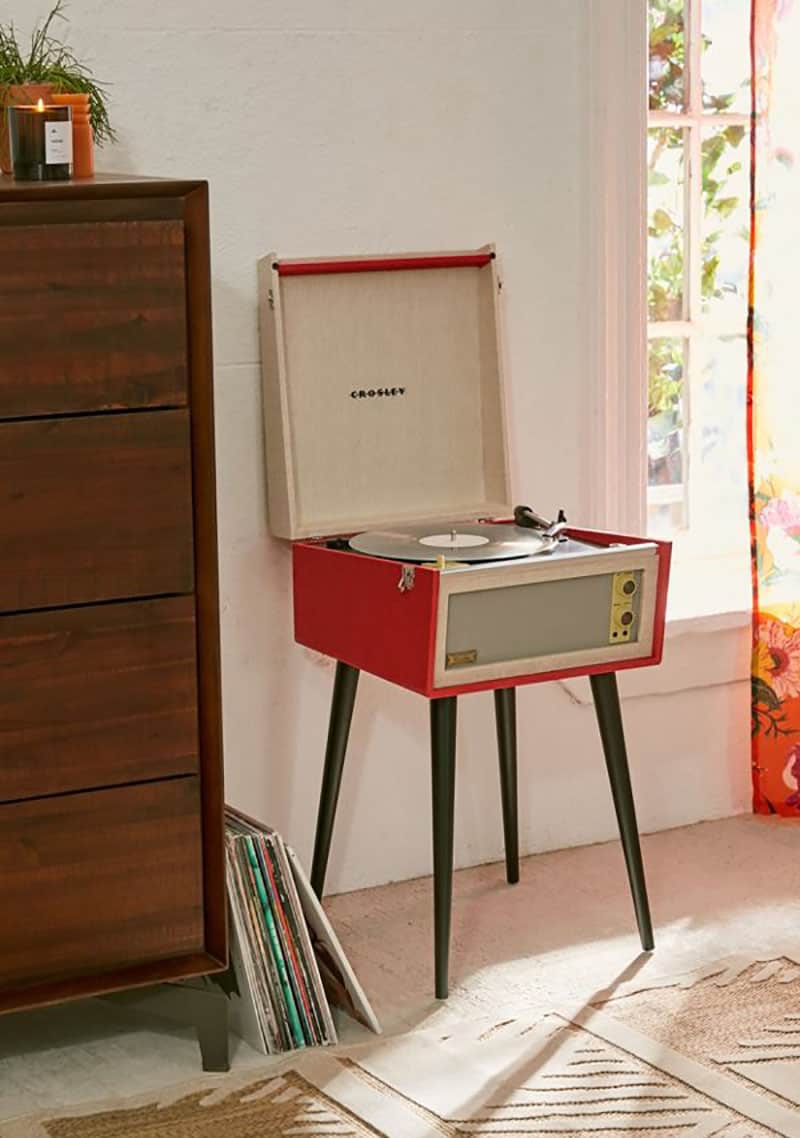 Red crossly record player for Christmas music.