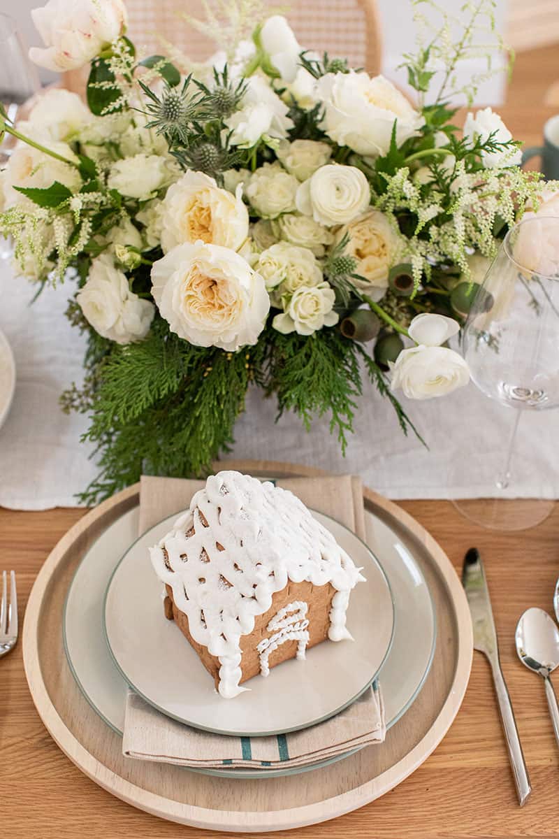 White and green flower arrangement for Christmas Eve Dinner. - holiday meal