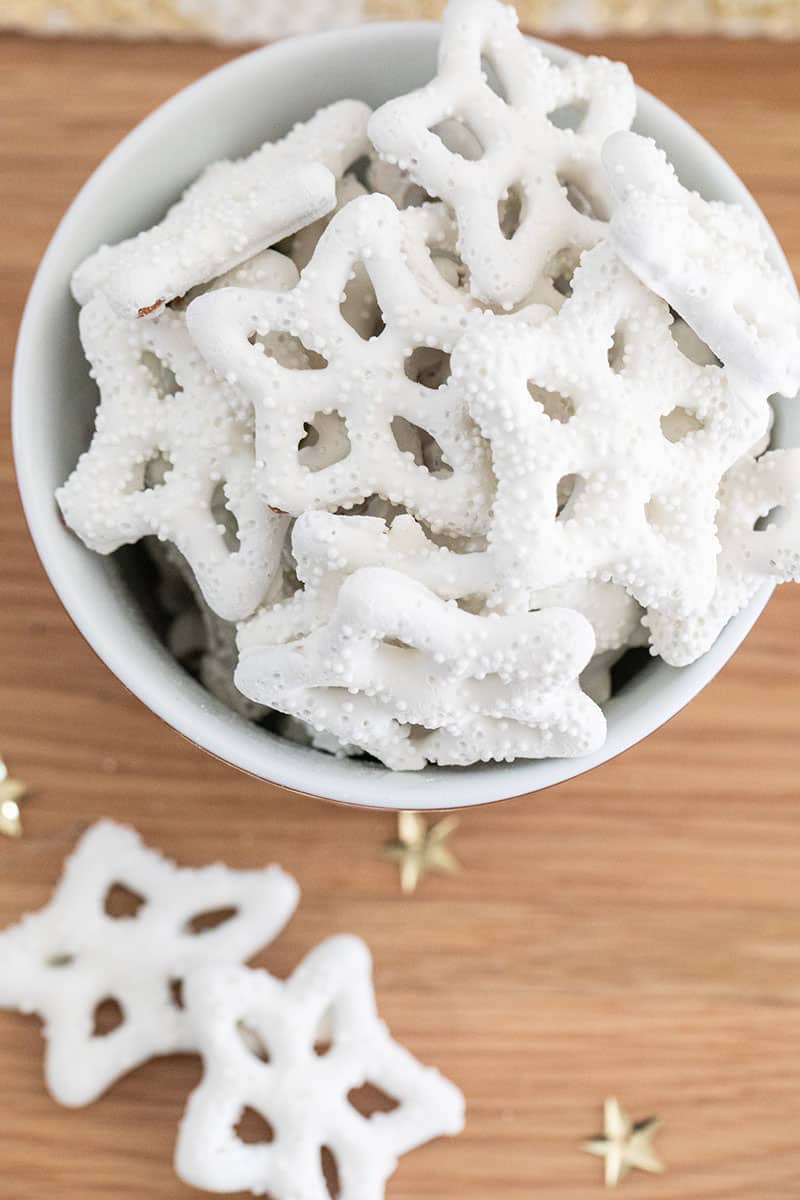 White chocolate covered snowflake pretzels 
