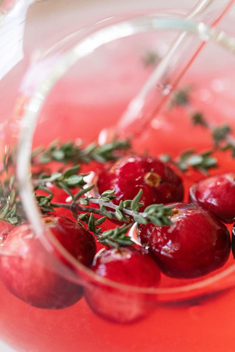 close up photo of a cranberry thyme gin and tonic