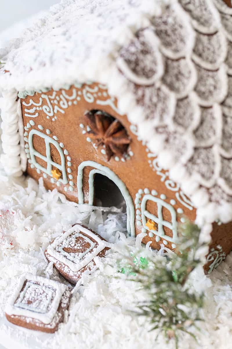 Gingerbread house with coconut snow.