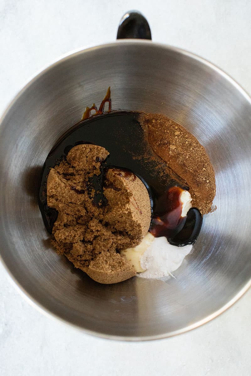 Ingredients in a mixing bowl to make gingerbread from scratch, pipe icing