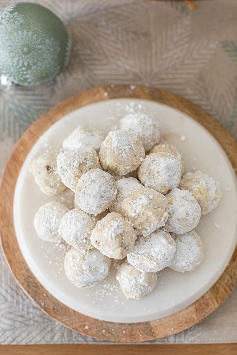 Snowball cookies on a platter.