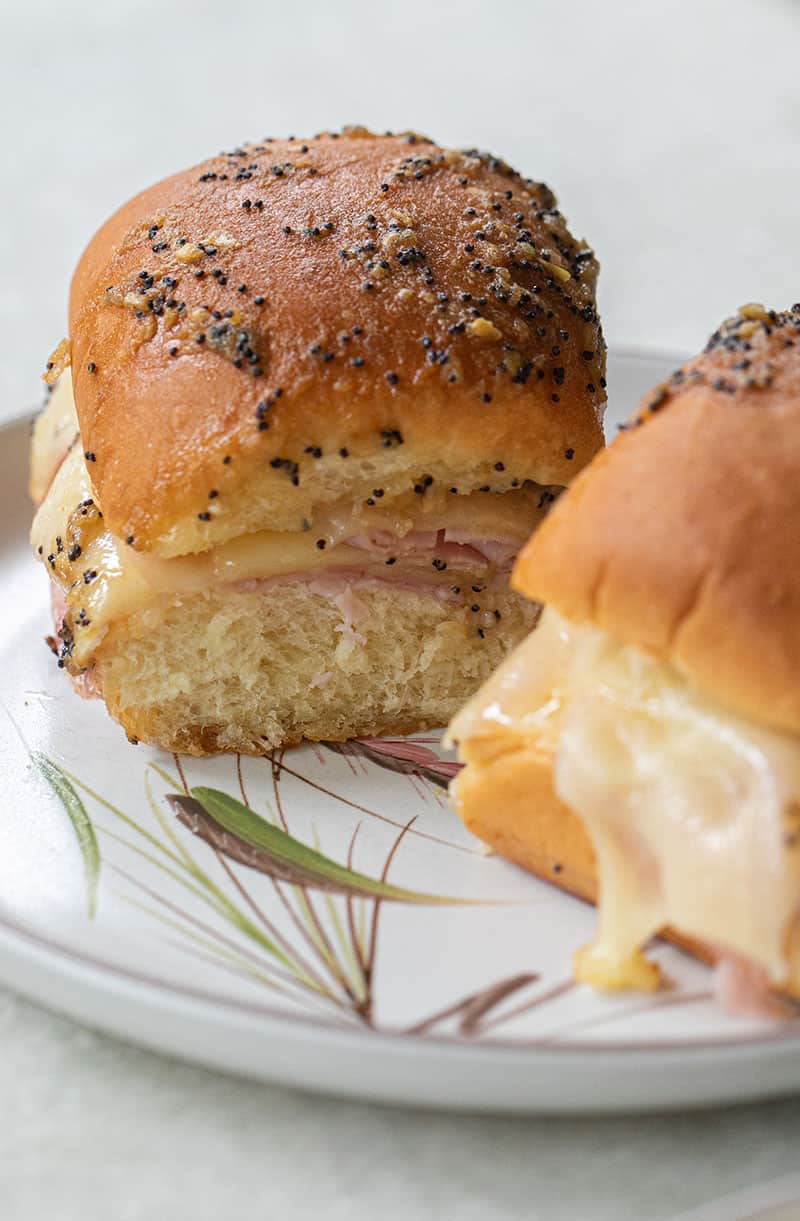 Ham and cheese sliders on fluffy Hawaiian Rolls.